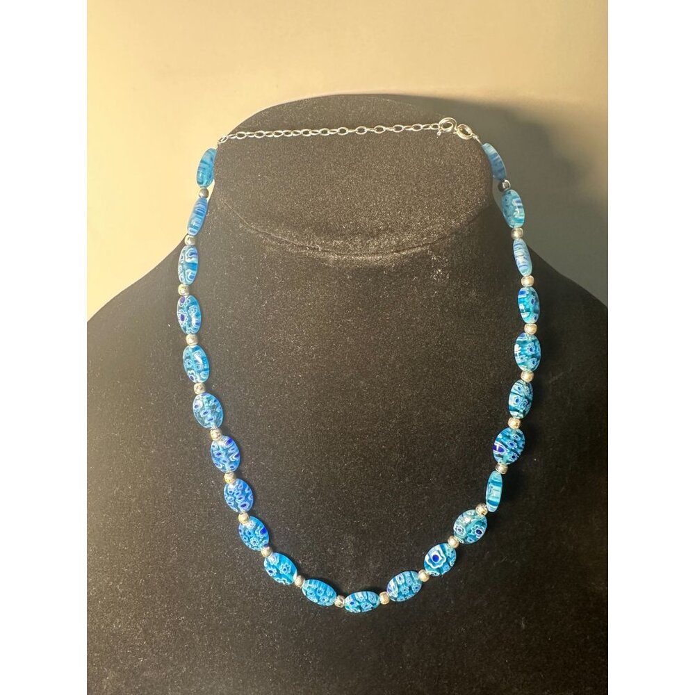 Italian Millefiori Art Glass Necklace with Sterling Silver Beads